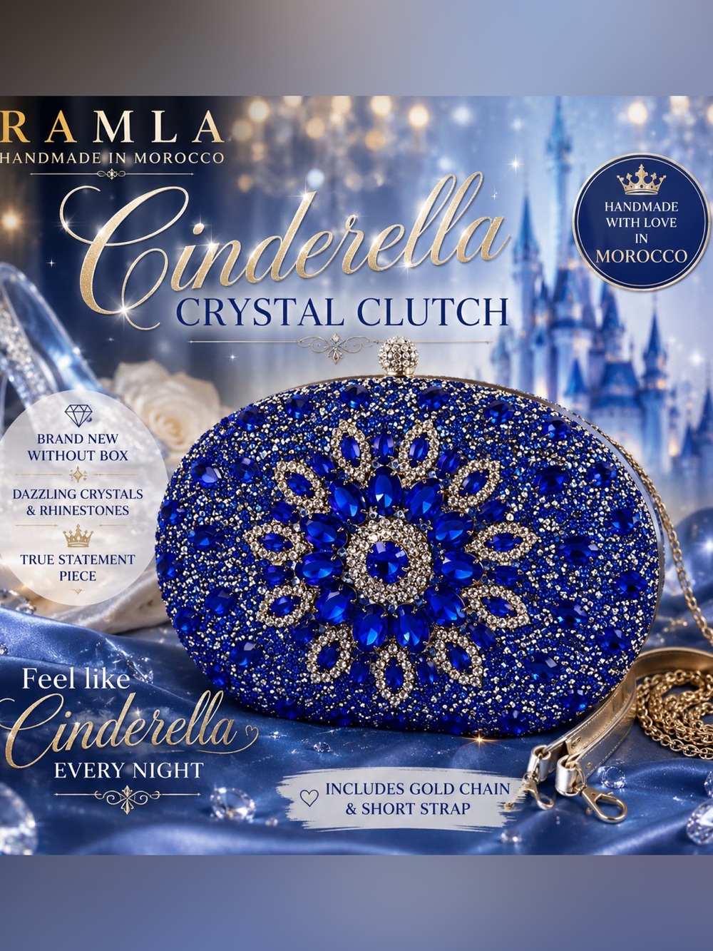 💙 RAMLA Cinderella Blue Crystal Clutch – Handmade in Morocco